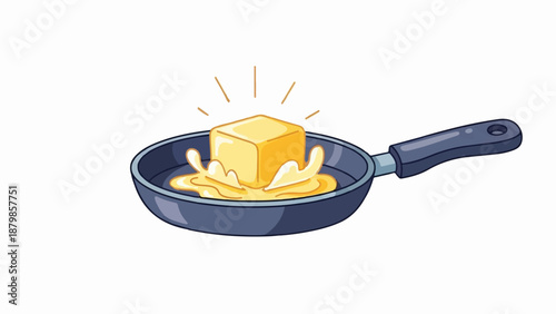 A cube of butter is melting and splattering in a dark frying pan