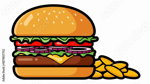 A colorful illustration of a stacked hamburger with french fries