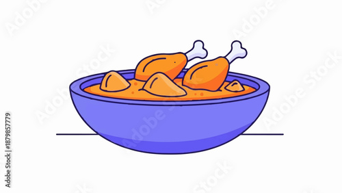 A colorful illustration of chicken drumsticks and dumplings in a purple bowl