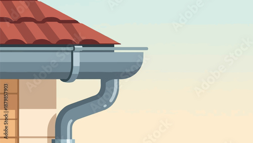 A close up of a building's gutter system under a tiled roof