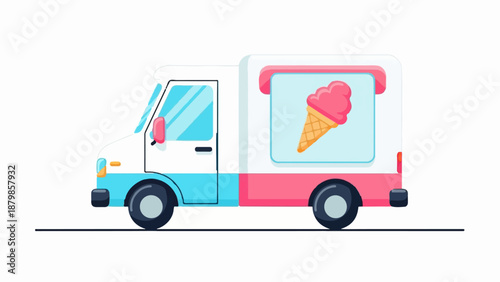 A colorful, stylized illustration of an ice cream truck with a large pink cone