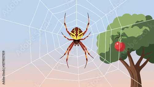 A colorful spider waits on its web near a tree with a single red apple