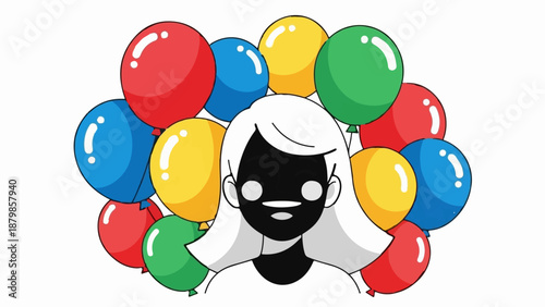 A cartoon person with a black face is surrounded by colorful balloons
