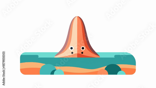 A cartoonish orange sea creature with wide eyes emerges from turquoise water