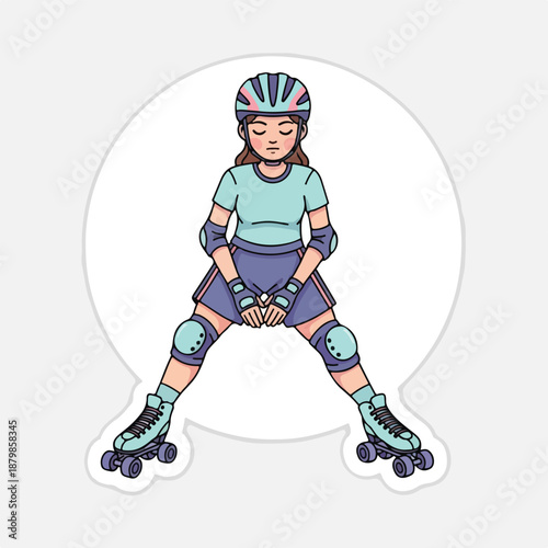 A cartoon illustration of a girl wearing roller skates and protective gear, posed in a ready stance against a white circular background.