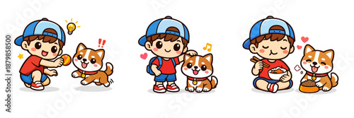 Charming vector illustration of a boy and his dog enjoying playful activities together, showcasing companionship and joy in three different scenes, including playing, walking, and eating.
