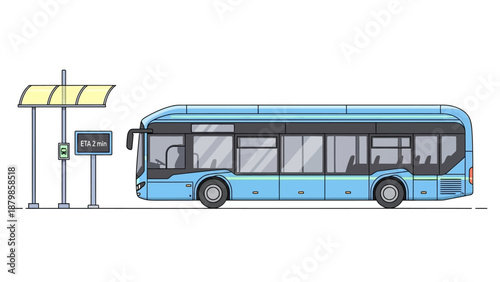 A blue city bus waiting at a modern bus stop under a clear sky