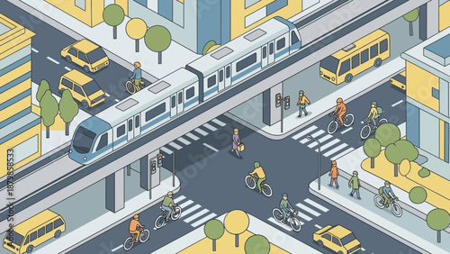 Aerial view of a bustling city street with tram, vehicles, and pedestrians