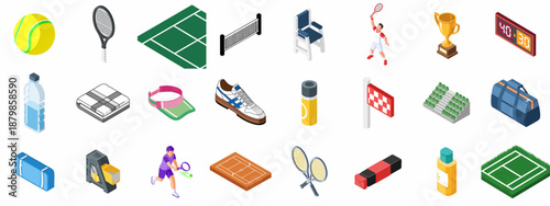 Complete Isometric Tennis Icon Set: Equipment, Courts, Players, Accessories, and Trophies for Sport and Competition Design.