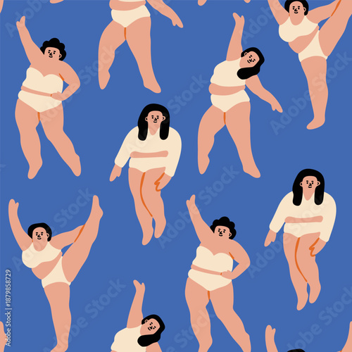 Curvy, chubby Ladies set. Cute characters. Happy, gracefully, joyful women in white top and panties. Hand drawn Vector illustration. Dance, confidence, fitness concept. Square seamless Pattern