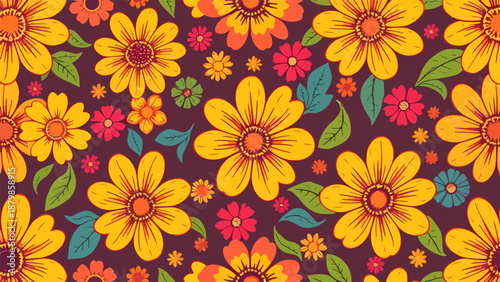 Seamless floral pattern with pink anemone flowers and green leaves, hand drawn isolated on a blue background