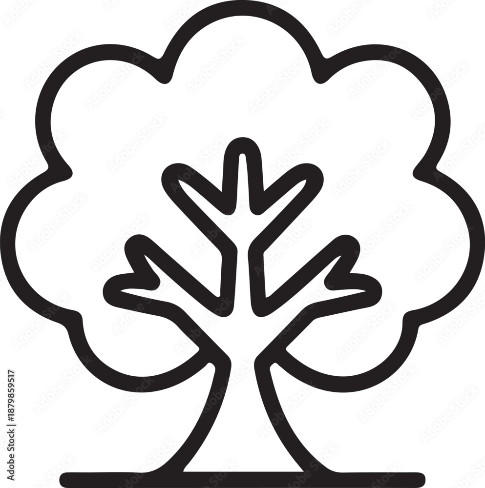 Obraz premium Rounded Tree Icon with Branch Details, Black outline tree icon with rounded cloud-like canopy and visible branches, representing nature, growth, sustainability, and minimal modern design.