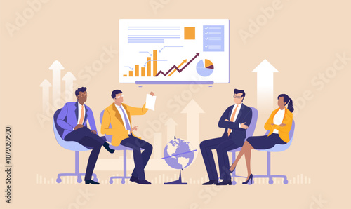 Financial Dispute Meeting. Four financial professionals engage in a tense discussion during a meeting, representing conflict resolution, critical decision-making, and challenges in business negotiatio