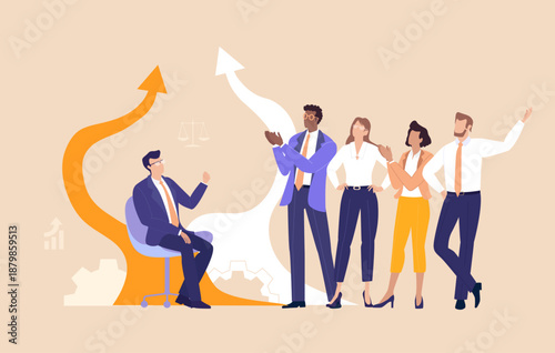 A group of professionals talks with their boss in a modern office, sharing ideas, discussing challenges, and aligning on decisions that reflect leadership, teamwork, clear communication, and workplace