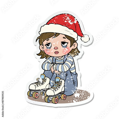 A cartoon illustration of a young girl wearing a Santa hat and tying her roller skates on a white background with a festive and playful mood.