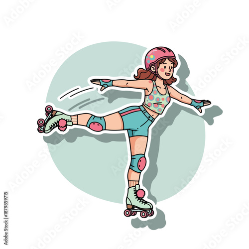 A young woman wearing roller skates, a pink helmet, and protective gear performs a skating move on a white background with a green circle.