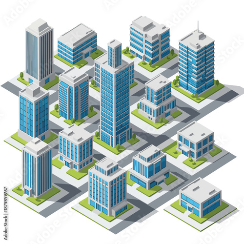 Modern Isometric Cityscape with Blue Glass Office Buildings and Green Spaces - Business District Illustration.