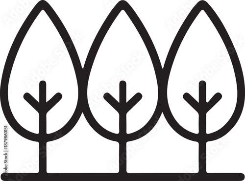 Minimal forest trees outline icon in black, Simple black line illustration of three stylized trees standing in a row, representing forest, nature, environment, and outdoor themes.

