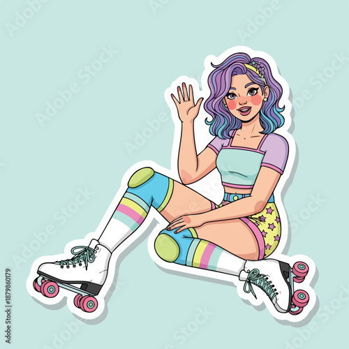 A cartoon-style illustration of a young woman with purple hair wearing roller skates and a colorful outfit waving her hand against a light blue background.