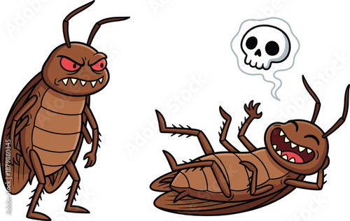 Funny cartoon cockroach illustration showing angry insect and dead bug concept, humorous pest control graphic, spooky comic style isolated on white background