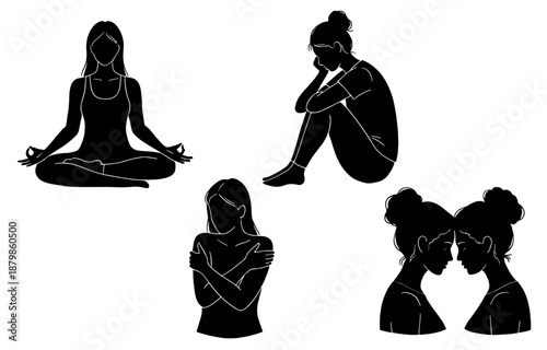 Silhouette Set of People Expressing Emotions and Mental States