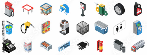 Isometric Gas Station and Convenience Store Icon Set featuring Fuel Pumps, Automotive Services, Food, and Equipment for Retail Business.