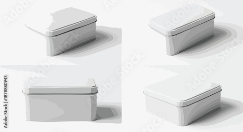 Set of four blank white metal containers with lids, viewed from different angles, for product presentation and branding mockups.
