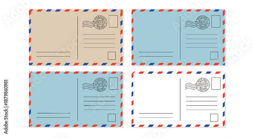 Set of four diverse vintage postcard designs with postmark and stamp area, perfect for travel and communication themes.