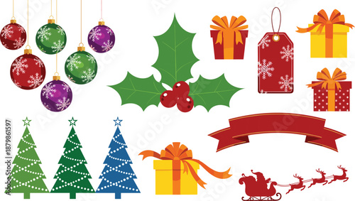 Christmas holiday icon set with gift boxes baubles holly leaves trees santa sleigh ribbon tags and cad drawing flat vector illustration