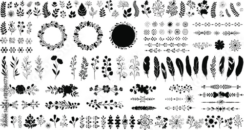 Hand drawn botanical floral silhouette icon set with leaves branches wreaths feathers dividers flourishes and cad drawing flat vector illustration collection