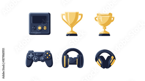 Gaming Accessories and Trophies on White Background.