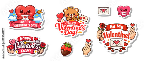 Valentines Day stickers set with cute hearts teddy bear and romantic elements, colorful cartoon collection for love messages and holiday design