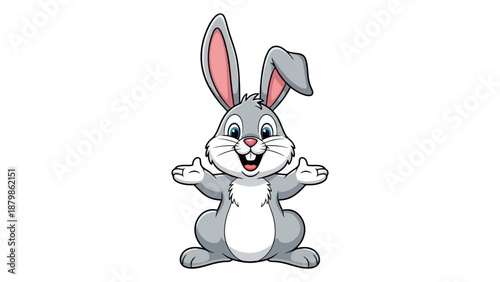 A cute cartoon rabbit with big ears and a wide smile, arms open for a hug.