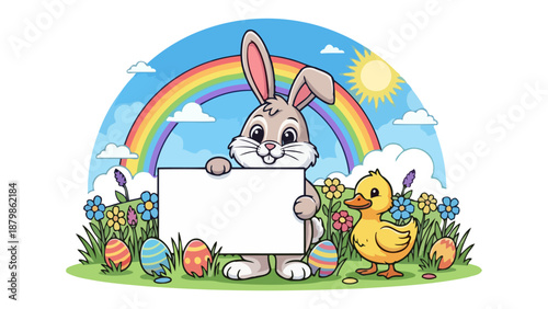 A cute Easter bunny and duckling holding a blank sign in a field with Easter eggs and a rainbow.