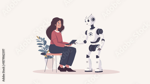 Woman Interacting with Humanoid Robot Assistant.