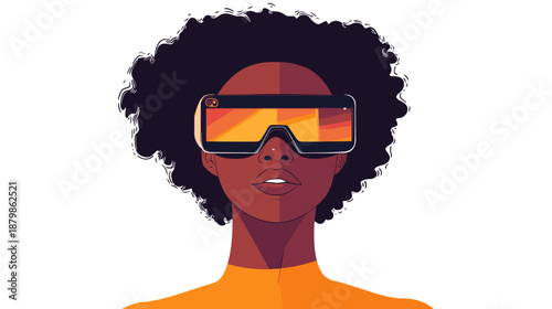 Young woman wearing virtual reality goggles.