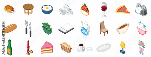 Isometric Dining and Restaurant Icons Collection featuring Food, Beverages, Tableware, Cutlery, and Furniture Elements