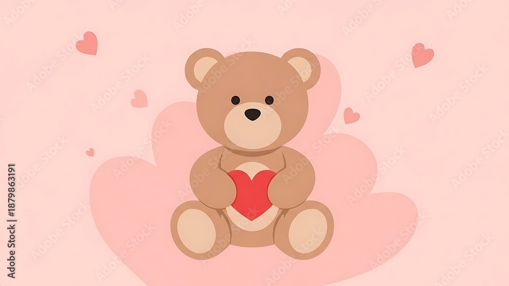 Fototapeta premium Cute brown teddy bear holding red heart on pink background with floating hearts