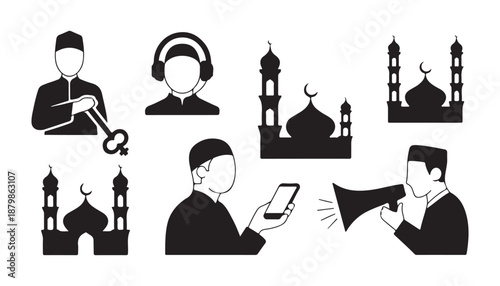 Muslim man using headset holding large ornate key or smartphone near various stylized islamic mosque structures