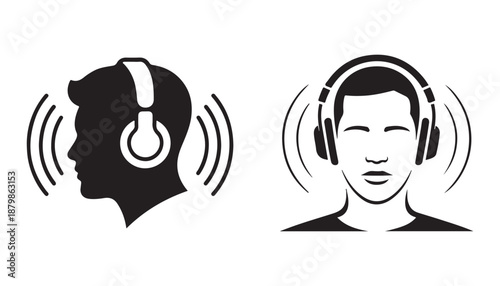 Man listening to music with headphones side view silhouette and front view icons set