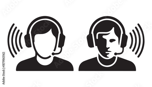Customer service support agents wearing microphone headsets answering calls with sound waves radiating
