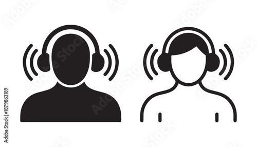 Set of two people icons wearing headphones symbolizing audio consumption front view designs