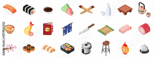Isometric Japanese Cuisine and Restaurant Icons Collection: Sushi, Ramen, Sake, Bento Box, and Traditional Asian Food Elements.
