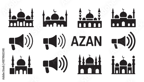 Tableau sur toile Azan prayer call symbols bundle with multiple mosque variations and speaker icon