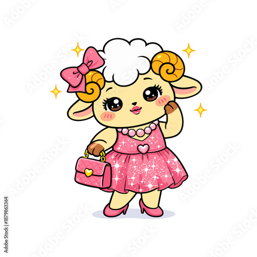 Adorable cartoon sheep dressed in a pink, sparkling dress, accessorized with a matching bow and handbag. This charming vector illustration captures playful elegance with cute features.