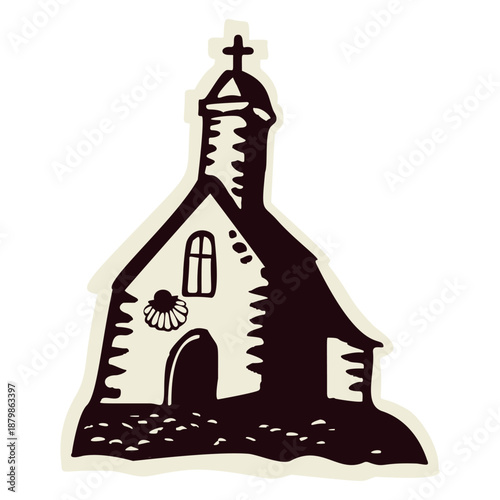 Little wayside pilgrimage chapel for camino passport stamp. Hand drawn black and white religious clip art for St James pilgrims way with scallop shell. For retreat faith based travel 