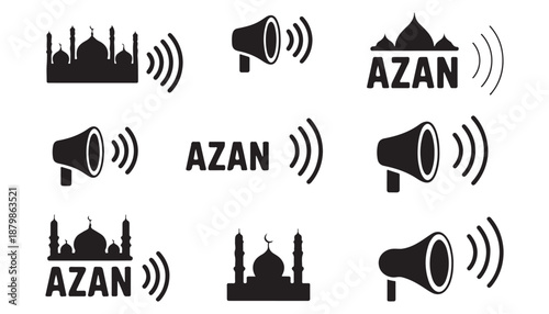 Tableau sur toile Azan icon set with mosque, megaphones, and text representing islamic call to pra