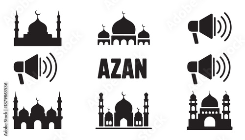 Foto Azan icon set with mosque silhouettes, megaphones, and text for islamic call to