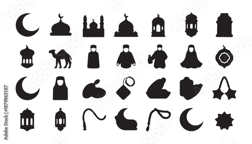 Islamic cultural icons set crescent moon mosque lantern camel prayer beads and traditional clothing.