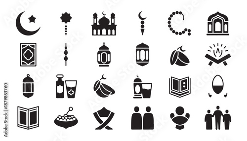 Islamic icons including moon star mosque prayer beads dates and traditional Muslim attire.